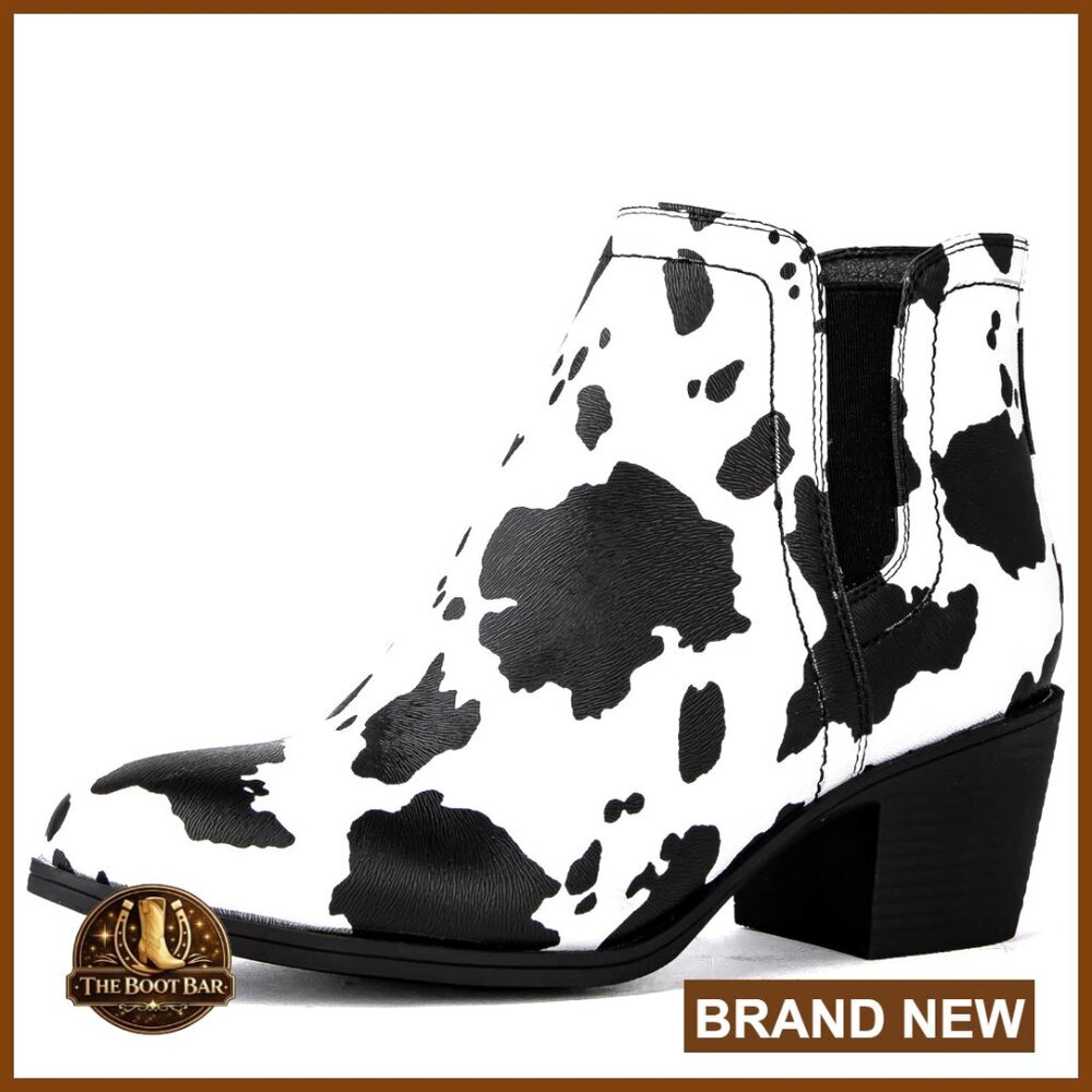 Faux Leather Ankle Boots with Low Heel, Pull-On Western Style